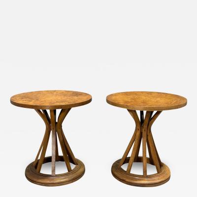 Pair Burlwood Sheaf of Wheat Side End Tables 1960