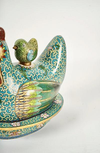 Pair Chinese Cloisonne Chicken Form Covered Boxes