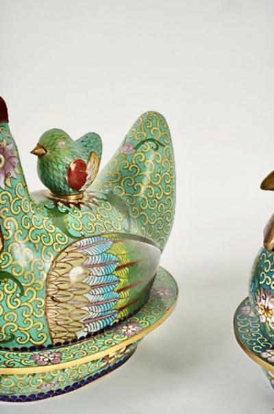 Pair Chinese Cloisonne Chicken Form Covered Boxes