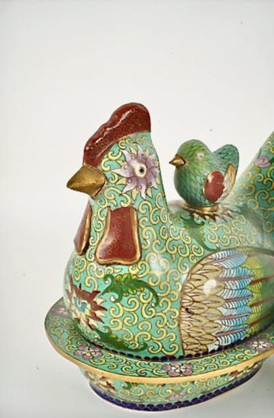 Pair Chinese Cloisonne Chicken Form Covered Boxes