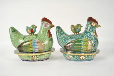Pair Chinese Cloisonne Chicken Form Covered Boxes