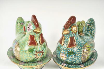 Pair Chinese Cloisonne Chicken Form Covered Boxes