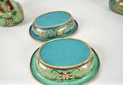 Pair Chinese Cloisonne Chicken Form Covered Boxes