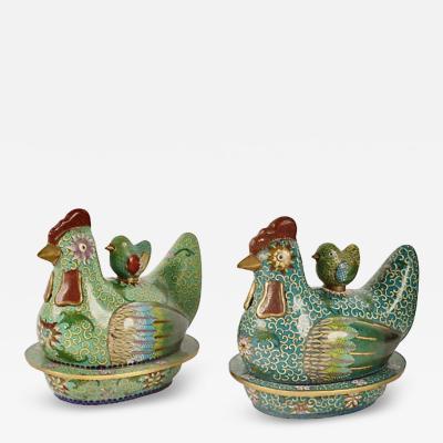 Pair Chinese Cloisonne Chicken Form Covered Boxes
