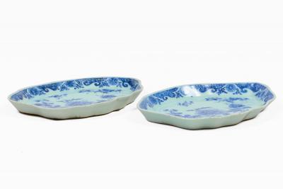 Pair Chinese Export Blue and White Qianlong Leaf Shaped Dishes