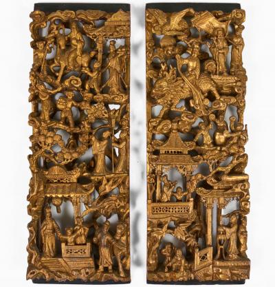 Pair Chinese Giltwood Architectural Relief Panels