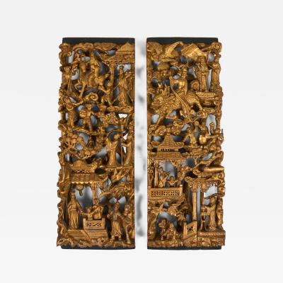 Pair Chinese Giltwood Architectural Relief Panels