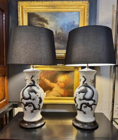 Pair Chinese Porcelain Dragon Vases Fitted as Lamps