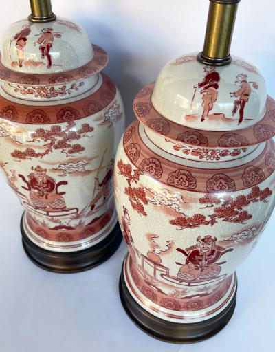 Pair Chinese Porcelain Ginger Jar Lamps with Iron Red Decoration