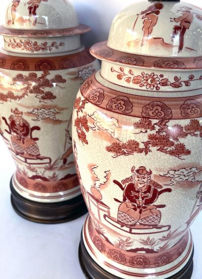 Pair Chinese Porcelain Ginger Jar Lamps with Iron Red Decoration