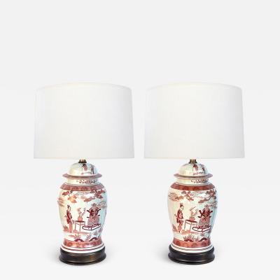 Pair Chinese Porcelain Ginger Jar Lamps with Iron Red Decoration