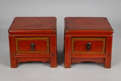 Pair Chinese Red Lacquered Low Stands