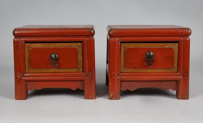 Pair Chinese Red Lacquered Low Stands