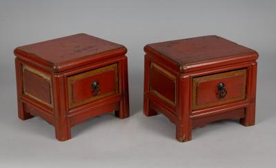 Pair Chinese Red Lacquered Low Stands