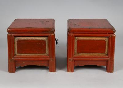 Pair Chinese Red Lacquered Low Stands