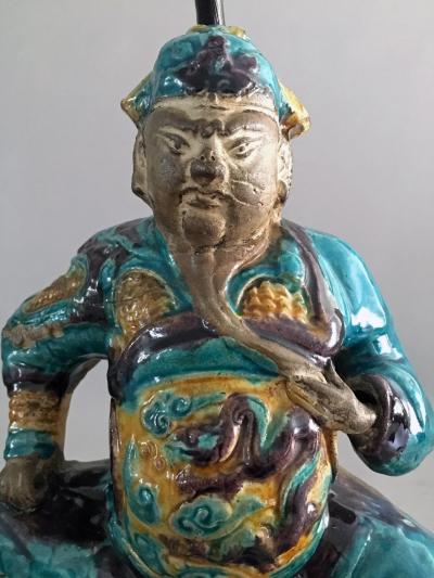 Pair Chinese Shiwan Ware Pottery Warrior Lamps