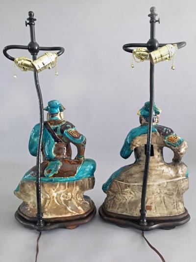 Pair Chinese Shiwan Ware Pottery Warrior Lamps