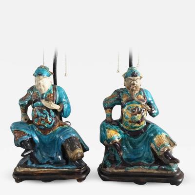 Pair Chinese Shiwan Ware Pottery Warrior Lamps