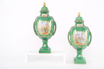 Pair Decorative Gilt Porcelain Dresden Covered Urns