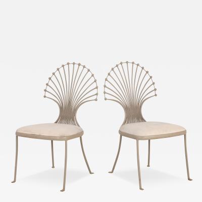 Pair Dining Chairs with Peacock or Wheat Sheaf Motif Gray Painted Aluminum