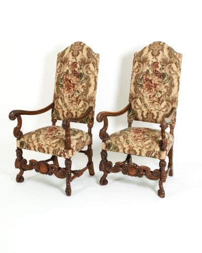 Pair Dutch Hand Carved Walnut Wood High Back Side Armchairs