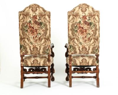 Pair Dutch Hand Carved Walnut Wood High Back Side Armchairs