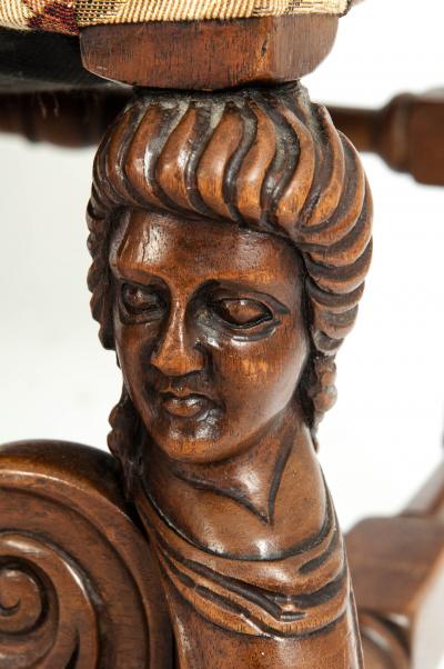 Pair Dutch Hand Carved Walnut Wood High Back Side Armchairs