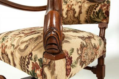 Pair Dutch Hand Carved Walnut Wood High Back Side Armchairs