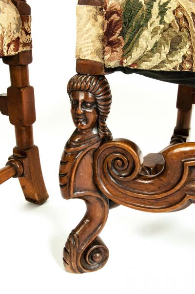 Pair Dutch Hand Carved Walnut Wood High Back Side Armchairs