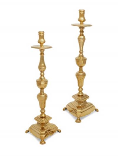 Pair Early 18th Century Continental Brass Candlestick or Altarsticks