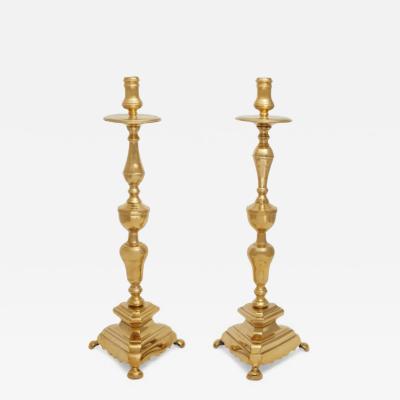 Pair Early 18th Century Continental Brass Candlestick or Altarsticks