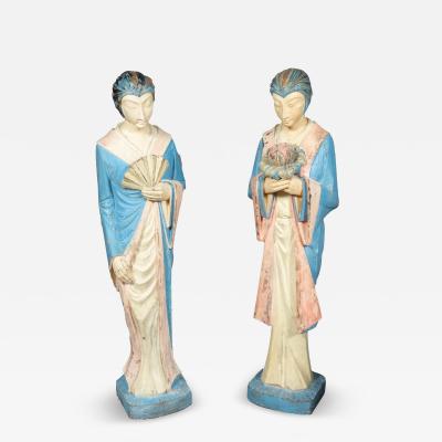 Pair East Asian Standing Figures Of Woman Possibly Geisha