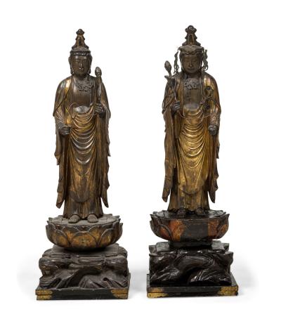 Pair Edo era giltwood standing Amitabha Buddhas