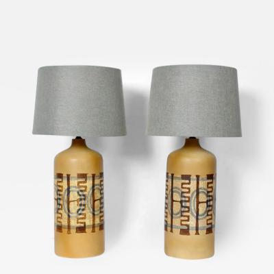 Pair Elspeth Cohen for Lapid Pottery Patterned Mustard Table Lamps 1960s