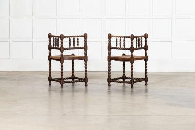 Pair English 19thC Beech Bobbin Corner Chairs