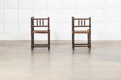 Pair English 19thC Beech Bobbin Corner Chairs