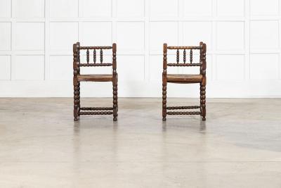 Pair English 19thC Beech Bobbin Corner Chairs