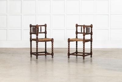 Pair English 19thC Beech Bobbin Corner Chairs
