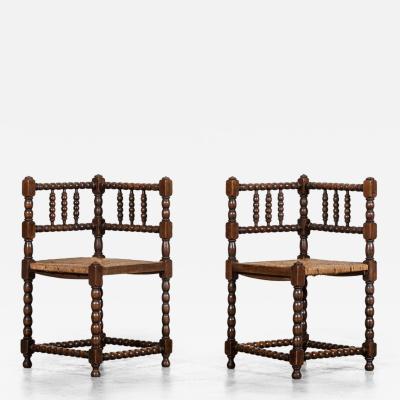 Pair English 19thC Beech Bobbin Corner Chairs