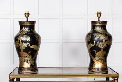 Pair English Large Chinoiserie Papier M ch Table Lamps