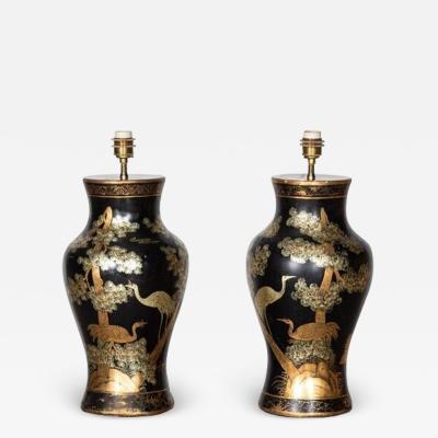 Pair English Large Chinoiserie Papier M ch Table Lamps