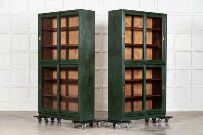 Pair English Painted Mahogany Glazed Bookcase Display Cabinets