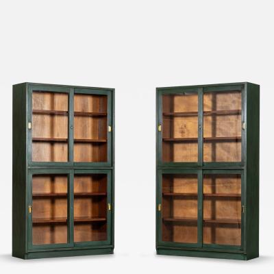 Pair English Painted Mahogany Glazed Bookcase Display Cabinets