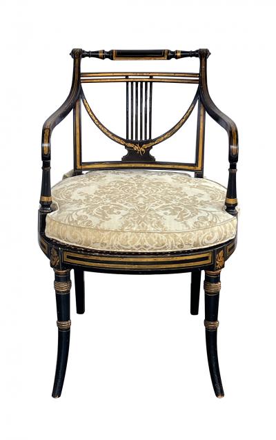 Pair English Regency Ebonized and Parcel gilt Armchairs with Caned Seat