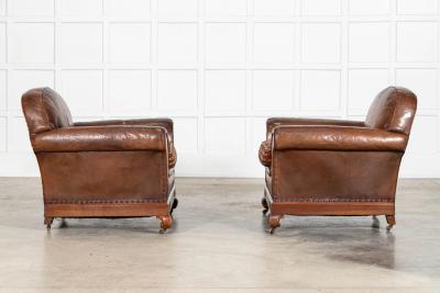 Pair English Tan Leather Country House Sprung Armchairs