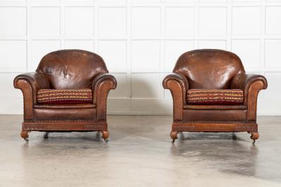 Pair English Tan Leather Country House Sprung Armchairs