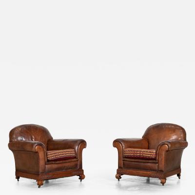 Pair English Tan Leather Country House Sprung Armchairs