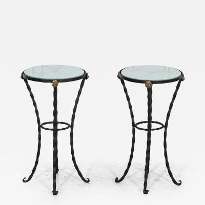 Pair English Wrought Iron Marbled Glass Tables