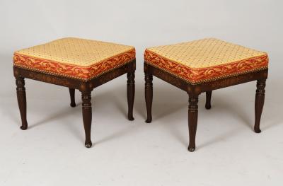 Pair Faux Rosewood Upholstered Stools