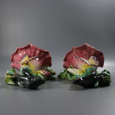 Pair Fives Lille Majolica Butterfly Wall Pockets